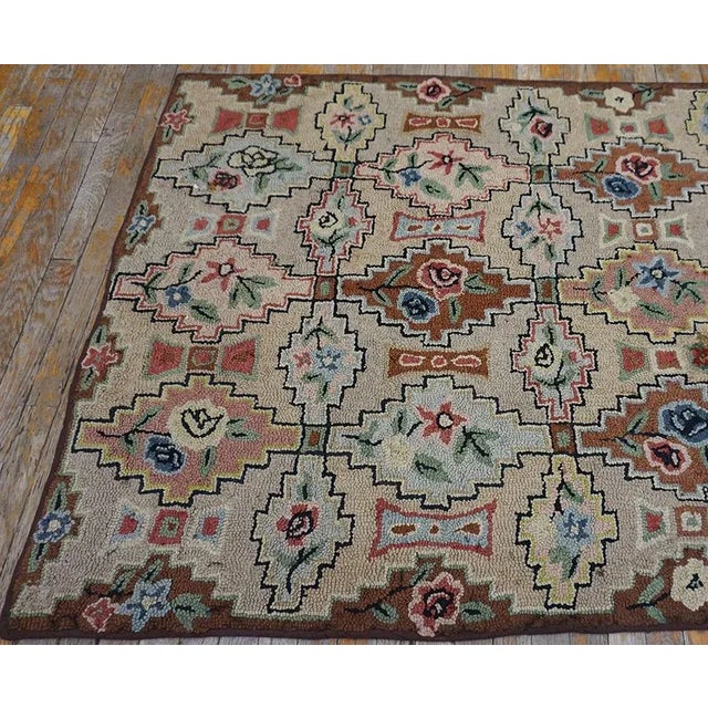 Wonderful Beige Background With Geometric Shapes and Floral Design Antique American Hooked Rug For Sale - Image 10 of 11