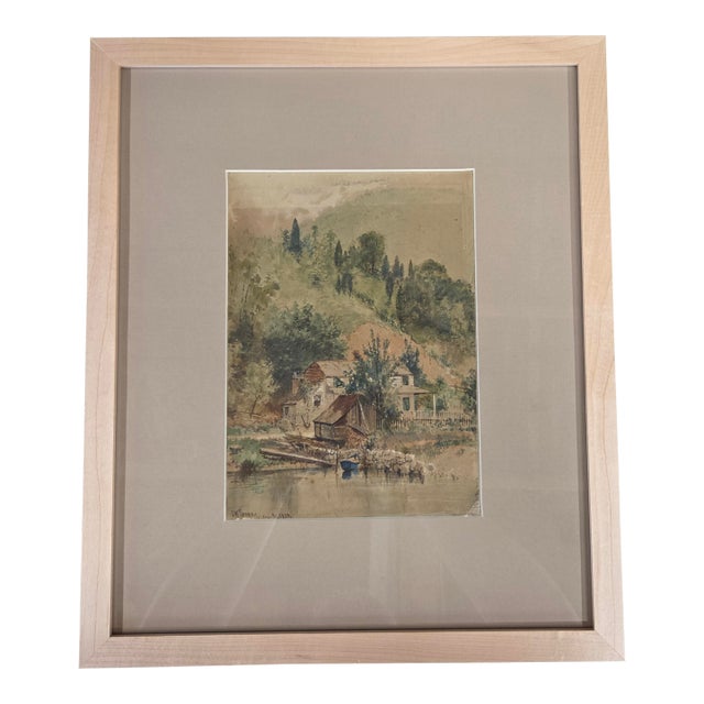 Landscape Scene With House and Mill, Watercolor, j.w. Spaveil June 11 1886 For Sale