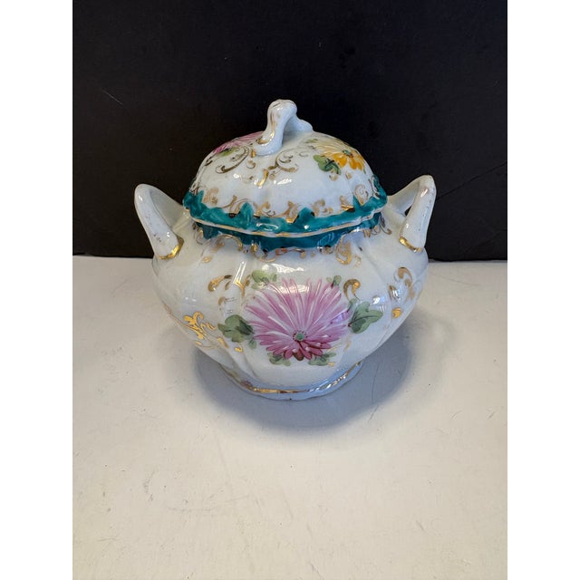 Antique White Antique European Hand-Painted Porcelain Covered Sugar Bowl With Floral Gilt, C. 1900 For Sale - Image 8 of 9