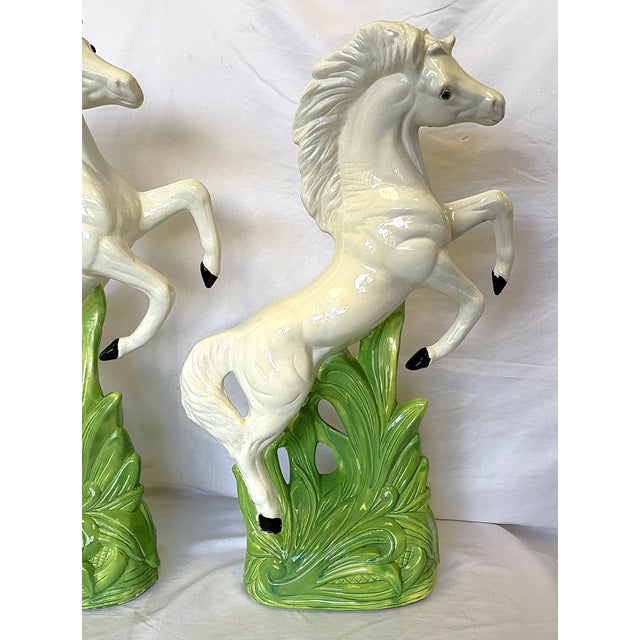 Mid Century Vintage Cast Ceramic Rearing White Mustangs With Glass Eyes- A Pair For Sale In West Palm - Image 6 of 18