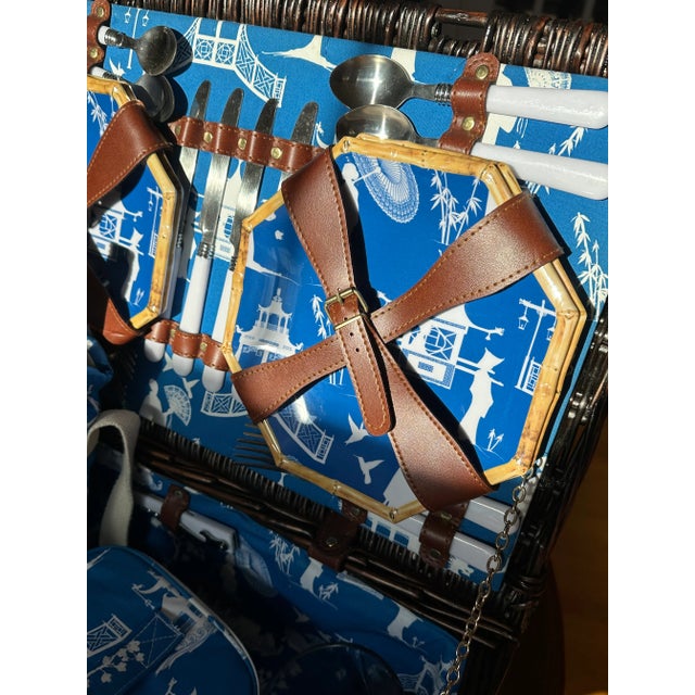 Wood Kim Seybert Cobalt and White Chinoiserie Picnic Basket - 30 Pieces For Sale - Image 7 of 12