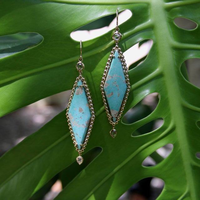 Gold 14k Gold Turquoise and Rose Cut Diamond Dangle Earrings, Pair For Sale - Image 8 of 9