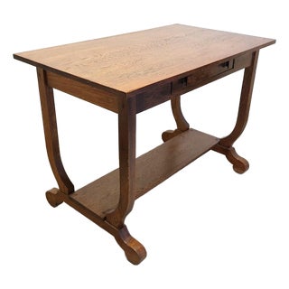 Antique Arts & Crafts Oak Library Table With Lyre-Form Supports & Bookshelf, C 1910–1920 For Sale