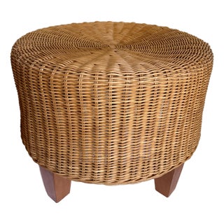 1970s Boho Chic Round Wicker Ottoman Footstool With Wood Legs For Sale