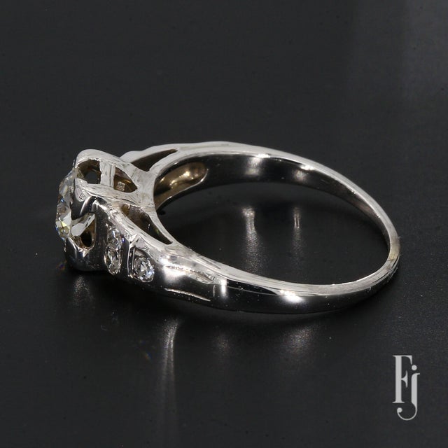 Mid-Century Modern Mid 20th Century 14k White Gold 0.5ct Old Mine Cut Diamond Engagement Ring With Accents - Size 5 For Sale - Image 3 of 4