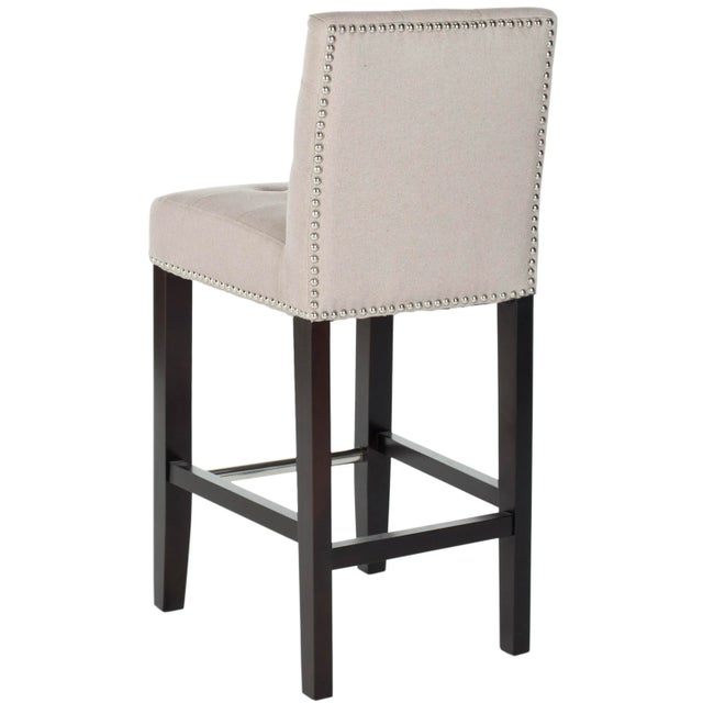 Modern 23.9" Linen Counter Stool & Silver Nailheads in Taupe & Espresso For Sale - Image 3 of 6