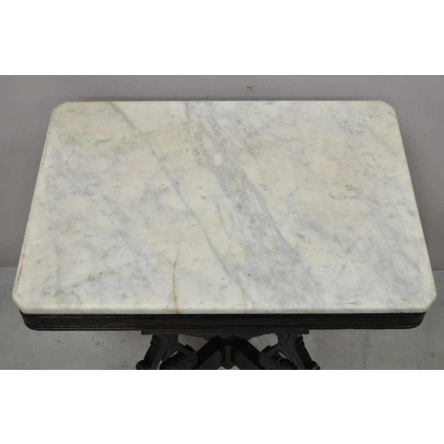 Late 19th Century Antique Eastlake Victorian Marble Top Carved Walnut Parlor Accent Side Table For Sale - Image 5 of 10