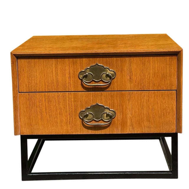 Fabulous vintage Asian inspired square walnut side table or nightstand by American of Martinsville. This handsome table...