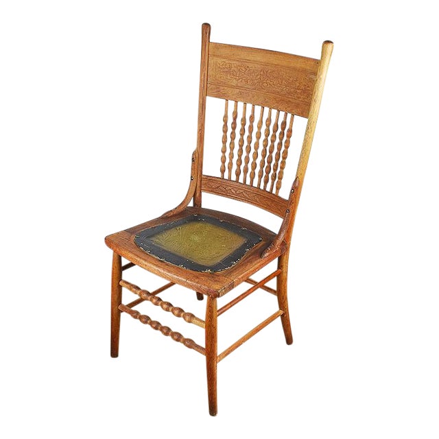 Antique Spindle Carved Wood Turned Leg Dining Chair With Stamped Leather Seat Chairish