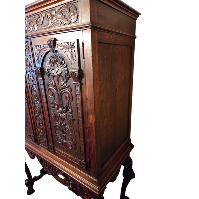 Antique Italian Renaissance Revival Walnut Marble Hutch China Liquor Cabinet Bar For Sale - Image 9 of 16