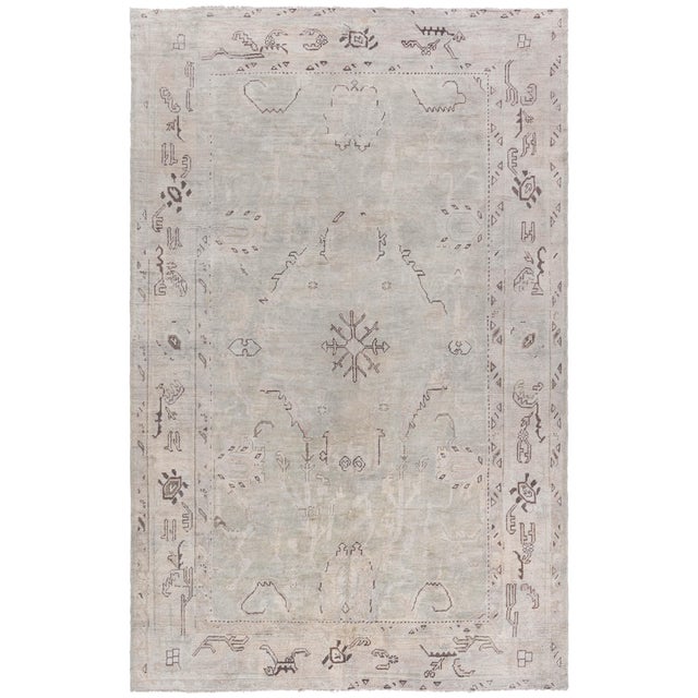 Antique Oushak Turkish Medallion Gray With Beige Carpet - c. 1920 For Sale