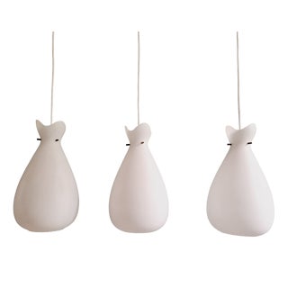 Scandinavian Pendant Lights in White Satin Glass and Brass, 1960s, Set of 3 For Sale