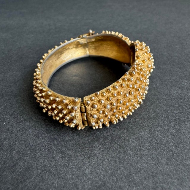 French Vintage Monet Hinged Bangle Bracelet Textured Gold Tone Statement For Sale - Image 3 of 12
