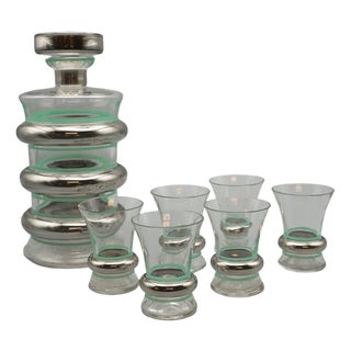 Art Deco Silver-Plated and Glass Decanter Set, 1930s, Set of 7 For Sale