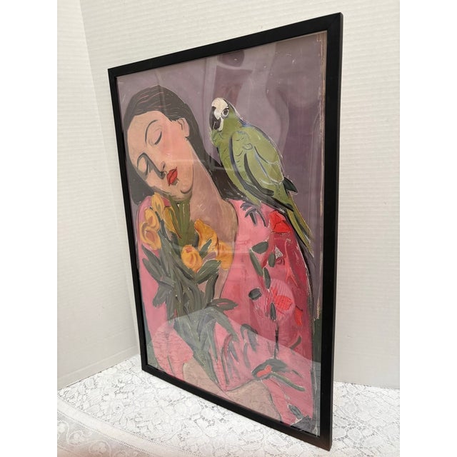 Figurative Vibrant Colorful Framed Print of a Woman With a Green Parrot For Sale - Image 3 of 8
