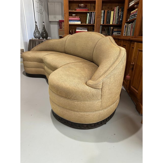 Mid-Century Modern Michael Taylor Attributed, Schiaparelli Sofa-Custom Ebonized Carved Wood Base For Sale - Image 3 of 10