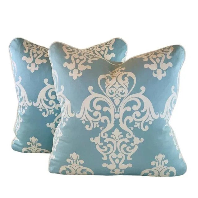 2020s Designer Vicki Payne Free Spirit Aqua & Cream Damask Fleur De Lis Scroll Pillow Covers - Set of 3 For Sale - Image 5 of 6