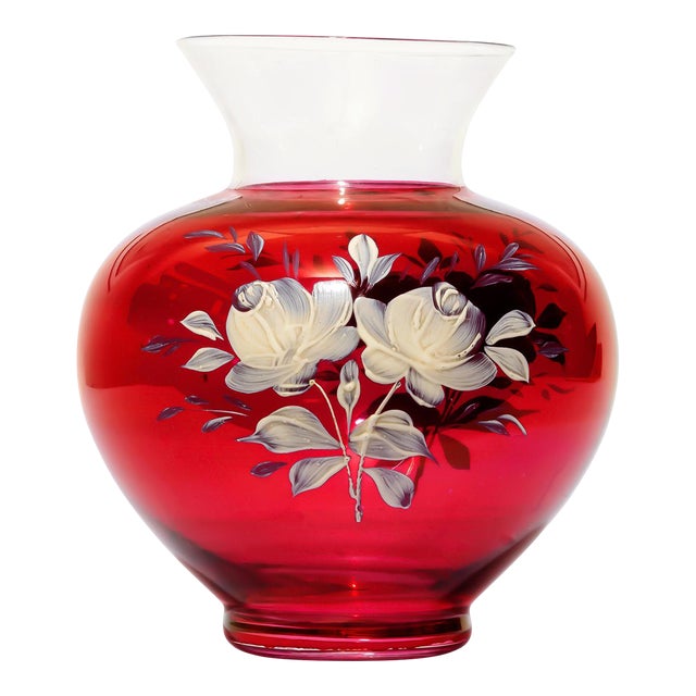 Vintage Ruby Cranberry Art Glass Vase With Hand-Painted White Enamel Roses — Bohemian Style Floral Bulbous Vase For Sale
