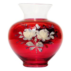 Vintage Ruby Cranberry Art Glass Vase With Hand-Painted White Enamel Roses — Bohemian Style Floral Bulbous Vase
