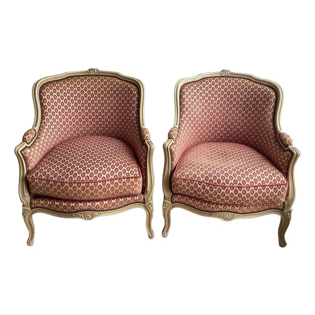 Stunning French Painted Bergères W/Raspberry Velvet Upholstery For Sale
