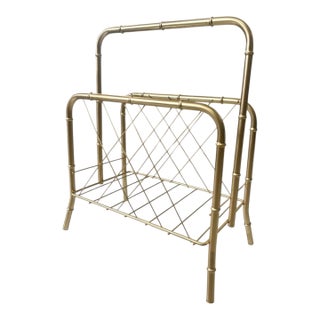 1970s Hollywood Regency Gold Brass & Faux Bamboo Cane Magazine Rack For Sale