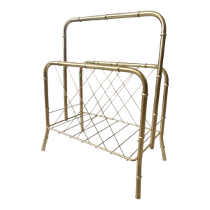 Hollywood Regency MCM Gold Brass & Faux Bamboo Cane Magazine Vinyl Record Rack