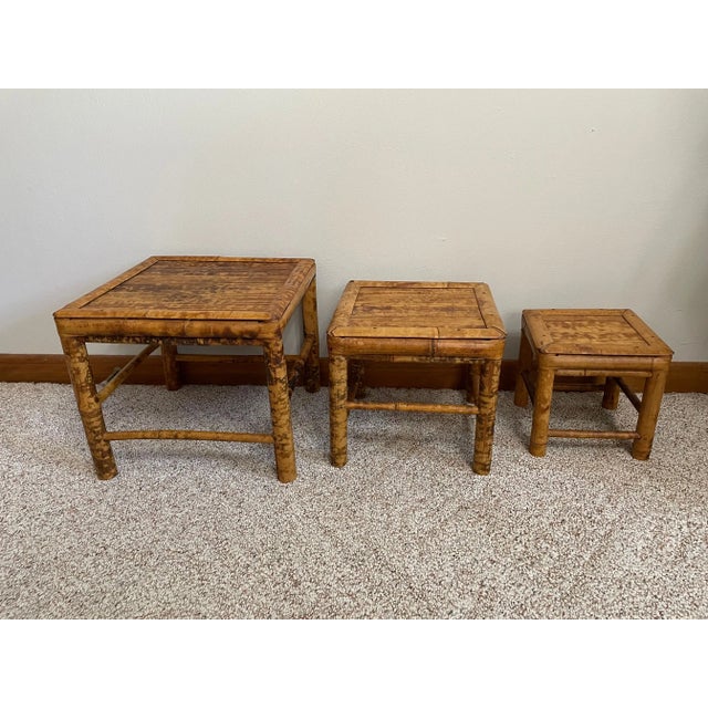 Boho Chic Vintage Burnt Bamboo Nesting Plant Stands / Tables - Set of 3 For Sale - Image 3 of 12