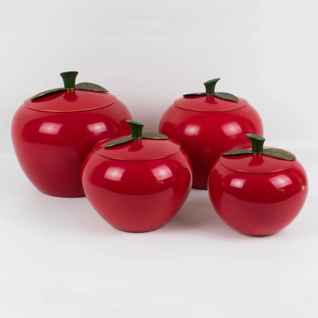 Mid-Century Modern Mid-Century Kitchen Canister Cookie Jar Red Enamel Aluminum Apple, Set of 4 Pc For Sale - Image 3 of 13