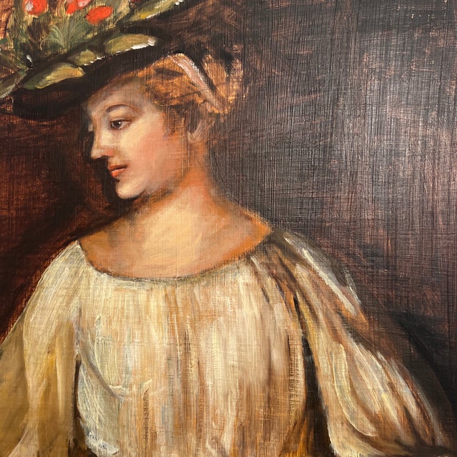 Brown 20th Century European School Oil on Board Portrait of Lady in Hat Signed Framed Made in 1974 For Sale - Image 8 of 11