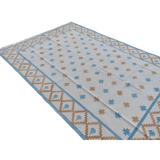 Sky Blue Handmade Cotton Vegetable Dyed White, Sky Blue and Tan Star and Gingham Rug - 10'x14' For Sale - Image 8 of 10