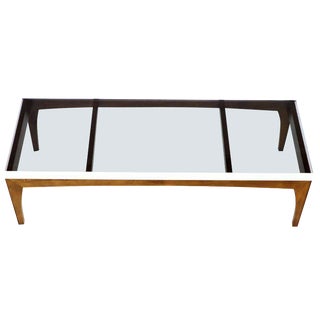 Rectangular Walnut Aluminum Frame Smoked Glass Coffee Table For Sale