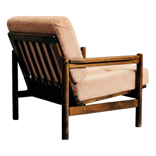 Vintage Scandinavian Dark Oak Armchair with Powder Pink Cushions, 1970s For Sale