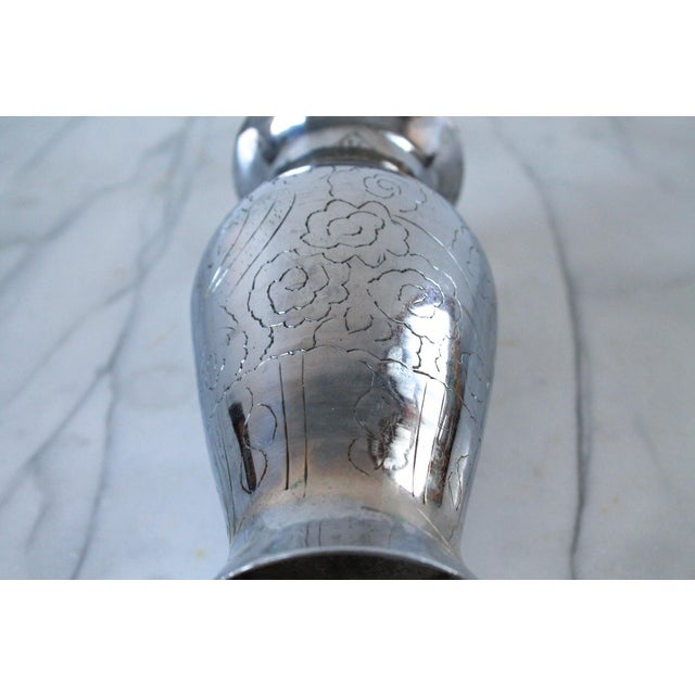 Chinese Chinese Export Silver Tone Etched Brass Vase For Sale - Image 3 of 10