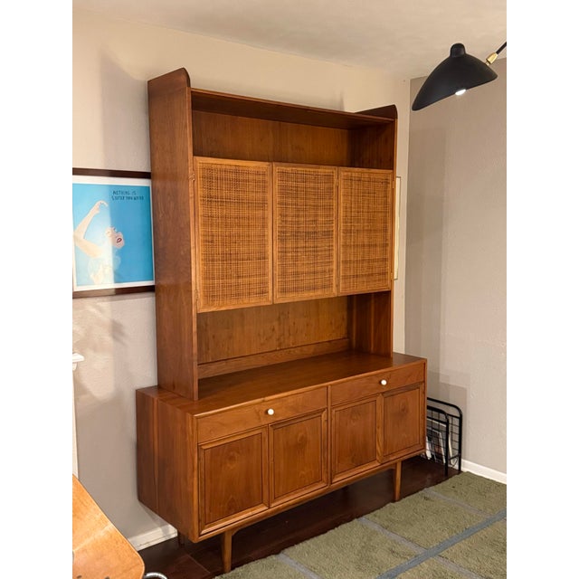 A Beautiful Mid Century Modern Walnut and Cane Hutch Designed by Kipp Stewart for Drexels “Declaration” Line, Circa 1960s For Sale - Image 11 of 12