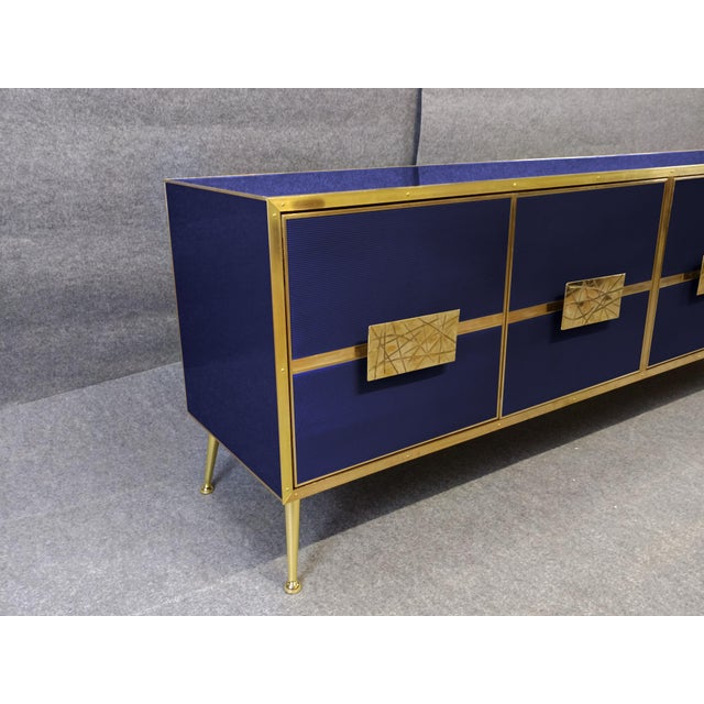 Sideboard with Blue Grisinato Glass and Brass Trim from Justfurnituress SRL For Sale - Image 4 of 7