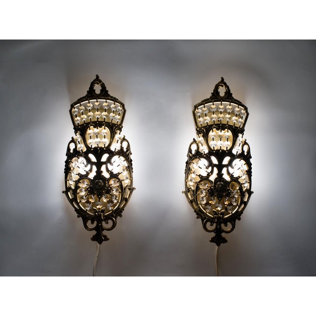 Glass 1960s Spanish Neoclassical Brass & Crystal Basket Wall Sconces - A Pair For Sale - Image 7 of 7