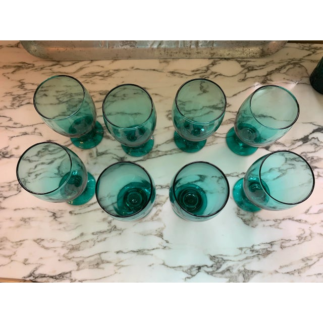 Teal Glass Water Goblets Set of 8 For Sale - Image 9 of 12