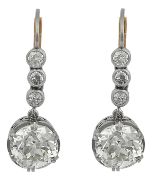 Edwardian Gia 5.67 Carat Old Mine Cut Diamond Platinum Drop Earrings