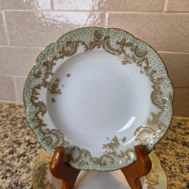 Early 20th Century Antique 1896-1920 Elite Works Limoges France Celadon Dot & Gilded Scroll Berry Bowls - Set of 4 For Sale - Image 5 of 8