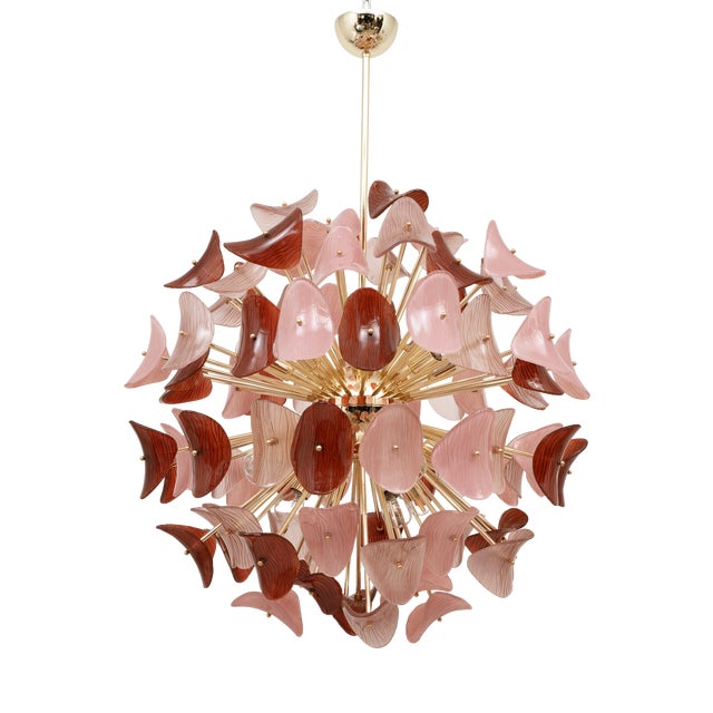 Italian Sputnik Chandelier in Pink and Ruby Murano Glass and Brass, 2000 For Sale