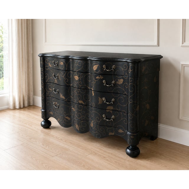 Mid-Century Modern Late 20th Century Drexel Heritage Covington Park Hand-Painted Bombe Dresser | Ebony Finish With Gilded Vine & Butterfly Motif For Sale - Image 3 of 5