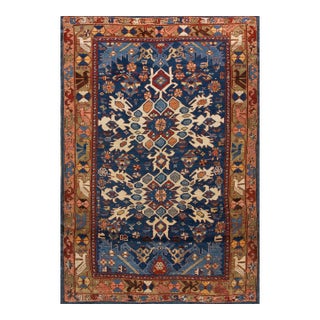 Great Blue and Camel Color With Rhombus and Florid Design Antique Caucasian Bidjov Rug For Sale