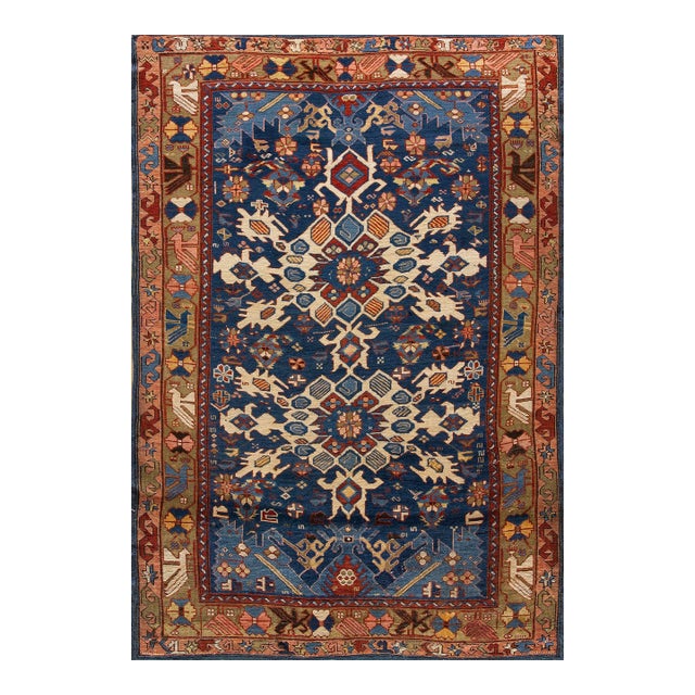 Great Blue and Camel Color With Rhombus and Florid Design Antique Caucasian Bidjov Rug For Sale