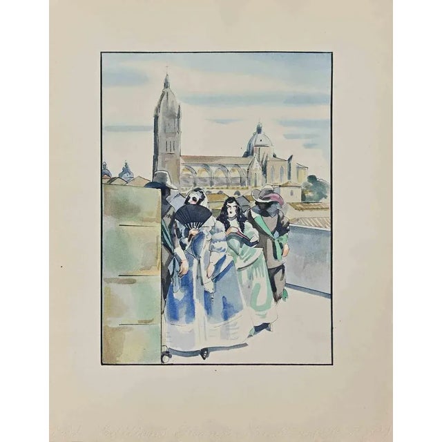 La Promenade is an Ink and watercolor Drawing realized by Hermann Paul in the early 20th century. Good condition on a...