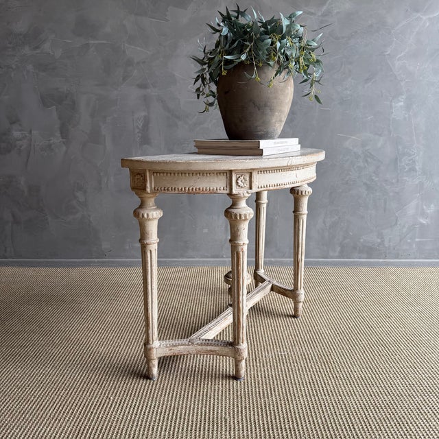 French Provincial Vintage Style Demi Console With Carvings and Distressed Painted Finish For Sale - Image 3 of 14