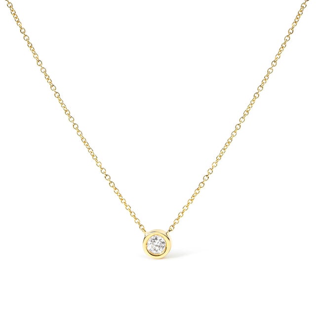 10K Yellow Gold 1/5 Carat Round Brilliant-Cut Diamond Modern Bezel-Set Solitaire 16"-18" Pendant Nec For Sale