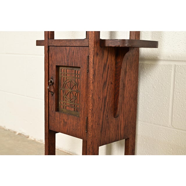 Stickley Brothers Style Antique Mission Arts & Crafts Oak and Brass Smoker Stand, Circa 1910 For Sale - Image 11 of 17