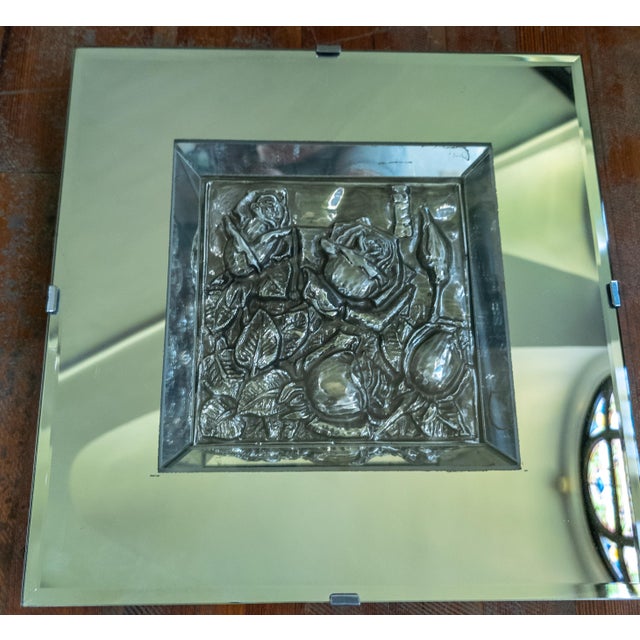Mid-Century Mirror Shadowbox Frame With Repousse Silver Floral Art For Sale - Image 4 of 13