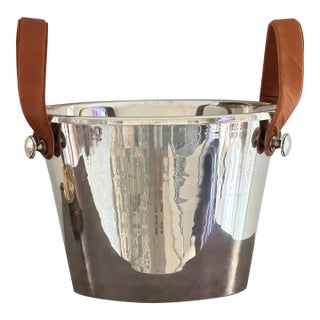 Large Belgium Silverplate Ice Bucket With Leather Handles For Sale