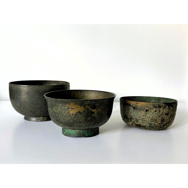 17th Century Collection of Three Korean Antique Bronze Bowls For Sale - Image 5 of 12